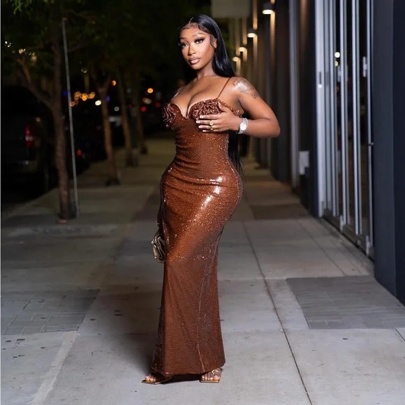 Rat BOA SEQUIN flower chest body con dress